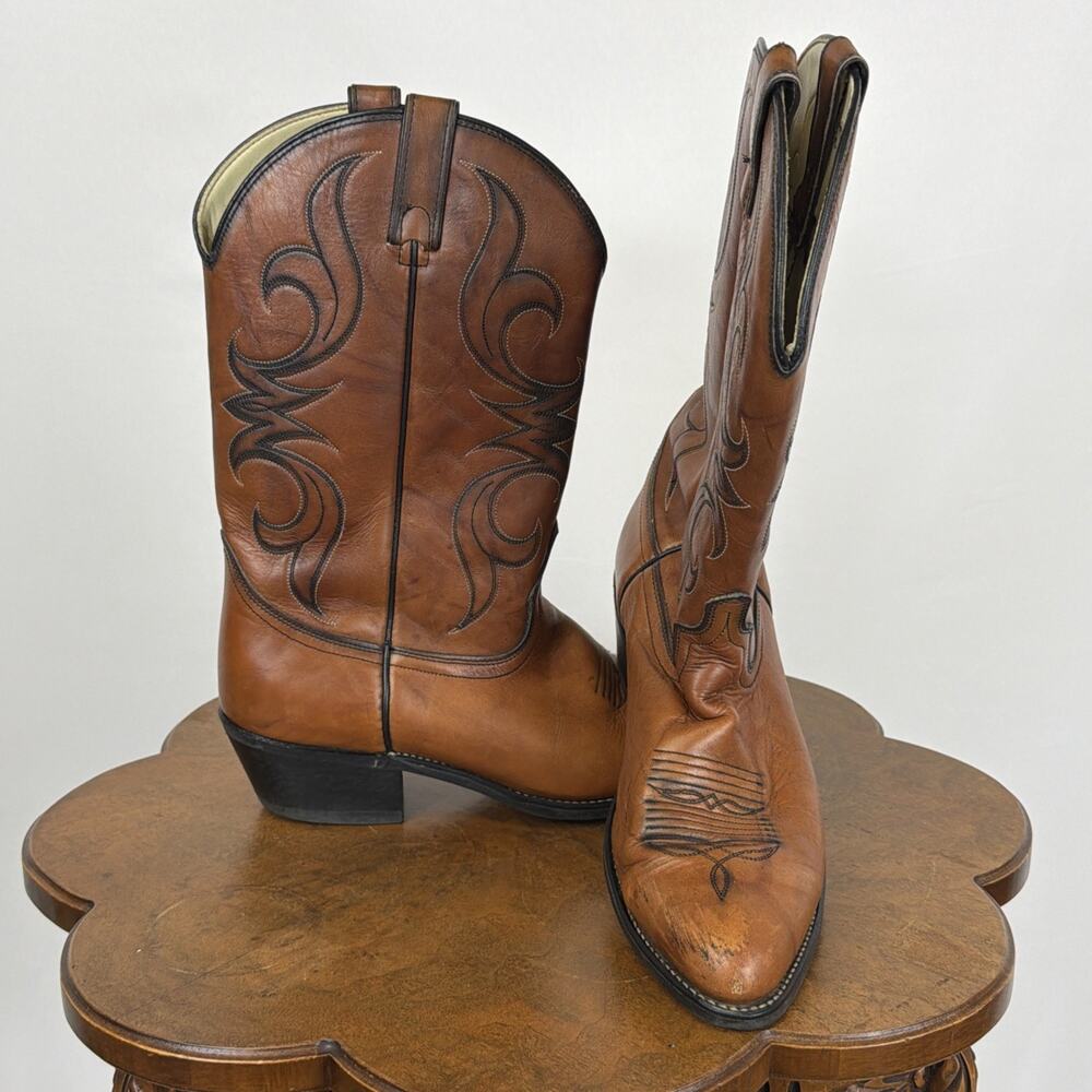 Vintage 80s Acme Brown Western Cowboy Boots Men 10E Black Stitching